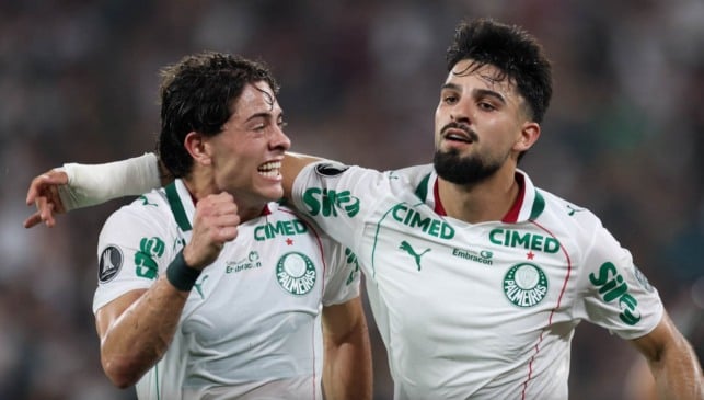 Flaco López comemora com Giay no Maracanã (Foto: Cesar Greco/Palmeiras)